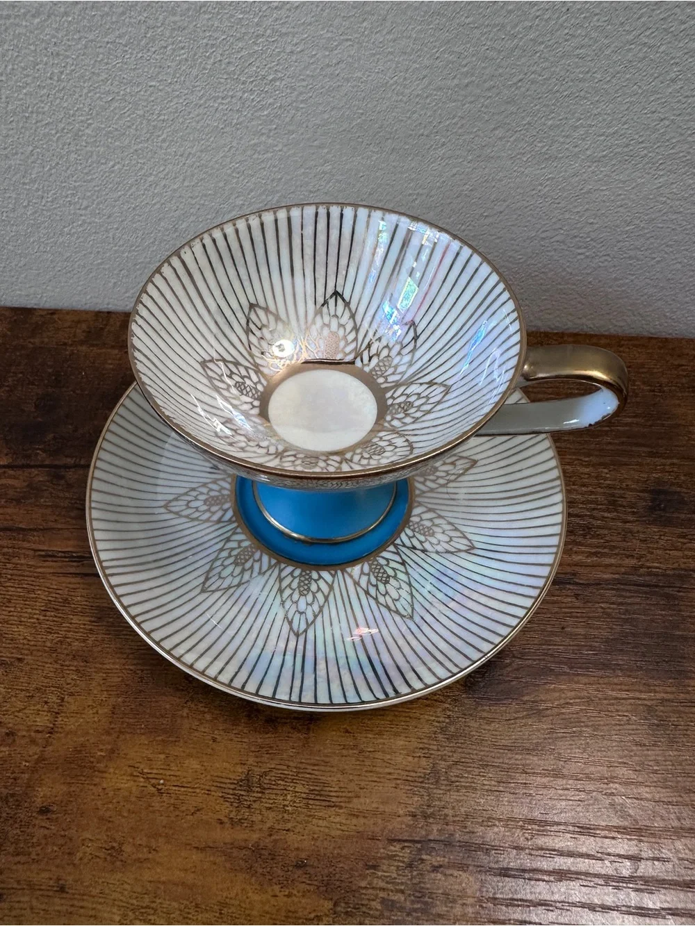 Vtg Royal Halsey Lipper Mann Blue Iridescent Pedestal Teacup Saucer Japan Gilt